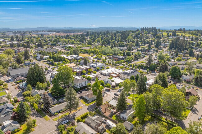Aerial view of the historic town of Sherwood, backdropped by Mt. Hood.