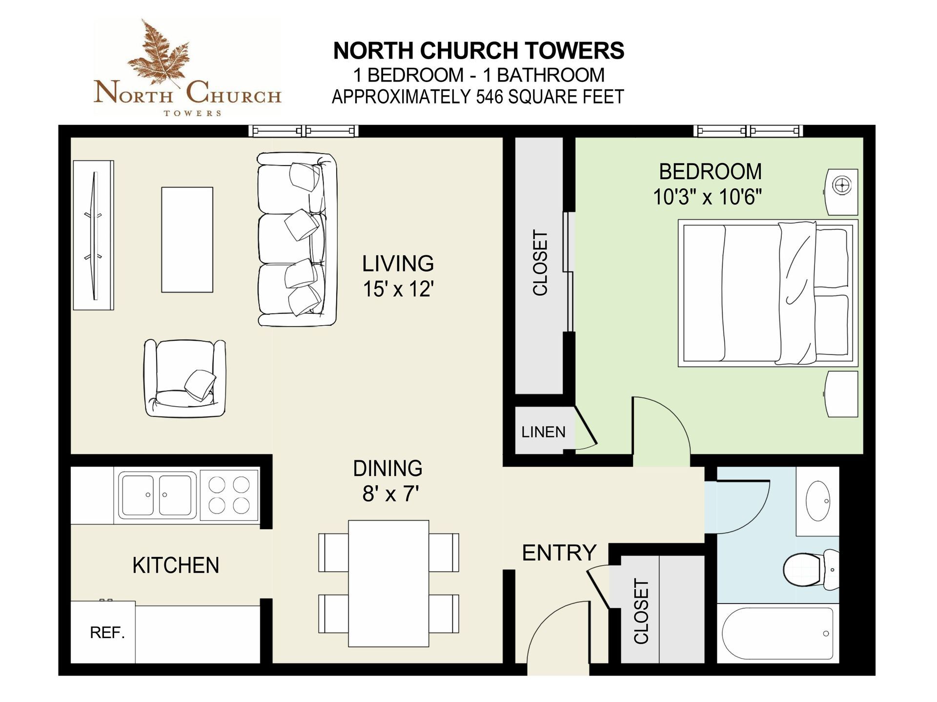 North Church Towers Apartments – 1BR.1BA.546SF