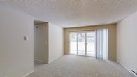 This single-floor space presents a straightforward and functional layout centered around a spacious open living area. The room is finished with wall-to-wall neutral-toned carpet, contributing to a soft, comfortable underfoot feel throughout. A textured popcorn ceiling adds a classic architectural detail overhead, while the smooth, beige-toned walls create a clean, understated backdrop well-suited for a variety of décor styles.

A defining feature of the living area is the large sliding glass door that spans a significant portion of one wall, allowing abundant natural light to fill the interior. Sheer vertical blinds are mounted along the door, providing privacy and light control as needed. The glass doors open to what appears to be an outdoor patio or balcony area, with views of greenery visible beyond, lending a pleasant connection to the outdoors.

The layout includes a partial wall division that creates a subtle separation between areas, adding a degree of structural definition to the open floor plan. Practical details such as a wall switch and outlet placements are visible. Overall, the space offers a bright, neutral, and move-in-ready environment with functional design elements throughout.