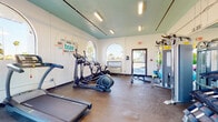 This fitness center offers a comprehensive workout environment housed within a single-floor space distinguished by its signature teal ceiling and crisp white walls. Arched windows line the room, flooding the interior with abundant natural light and offering views of the surrounding palm tree-dotted outdoor scenery, creating an open and energizing atmosphere.

The cardio section is well-appointed with treadmills, elliptical trainers, and stationary cycling bikes — including a screen-equipped spin bike — catering to a range of cardiovascular training preferences. Rubber flooring throughout the workout area provides a practical and durable surface suited for various exercise activities.

A dedicated strength and accessory training area features a dumbbell rack stocked with a full range of weights, a multi-functional weight bench, and a wall-mounted storage rack filled with colorful exercise and stability balls of varying sizes, offering versatility for functional and core training.

Adding a motivational character to the space, a large fitness-themed word art mural — prominently featuring words like "Health," "Fitness," "Challenge," and "Inspire" — serves as a visual centerpiece on one wall. The room is well-lit with overhead fluorescent lighting and is accessible via a glass-paned entry door. Overall, this fitness center combines practical equipment, natural light, and an encouraging aesthetic to support an active lifestyle.