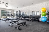 This modern fitness center offers a comprehensive workout environment housed within a single, open-plan floor. The space is defined by its expansive floor-to-ceiling glass garage doors along one wall, which flood the interior with natural light and provide unobstructed views of an outdoor pool area — creating a bright, energizing atmosphere for exercise.

The flooring transitions between durable rubber gym matting and commercial-grade carpet, each zone purpose-built for specific workout activities. Overhead, ceiling fans provide continuous air circulation throughout the space, complementing the recessed lighting and HVAC vents for a comfortable training environment.

The cardio zone is well-stocked with treadmills, elliptical machines, stationary bikes, and stair climbers, all positioned to take advantage of the outdoor views. The strength training area features a power rack, cable machines, and multiple adjustable benches, while a dedicated free weights section houses an extensive rack of dumbbells in graduated sizes alongside stability balls in multiple sizes.

A built-in wooden shelving unit with cabinetry provides organized storage for towels and accessories, accompanied by a water station for convenience. Large wall mirrors in the strength area enhance the sense of space and support proper form during workouts. The overall design is clean, contemporary, and functional, delivering a fully equipped facility suited for a wide range of fitness goals.