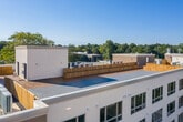 This expansive rooftop terrace offers a generously sized outdoor space characterized by a uniform brick-paver surface that extends across the entirety of the level. The open layout is defined by clean white perimeter walls that frame unobstructed views of a lush, mature tree canopy stretching across the horizon under a wide, clear sky. The bright, sun-drenched environment creates an inviting atmosphere with abundant natural light throughout the day.

A central stairwell enclosure, finished in white stucco, provides rooftop access via a metal door equipped with standard fire safety and security hardware, including an alarm panel and exterior-mounted equipment. The structure is functional and well-integrated into the overall layout without disrupting the open feel of the space.

Additional rooftop infrastructure includes HVAC units positioned along the perimeter and security camera mounts on the parapet walls. Wooden planter components are visible, suggesting potential or planned greenery installations that would further enhance the outdoor experience.

The combination of durable paver flooring, clean architectural finishes, and sweeping tree-line views positions this rooftop terrace as a versatile outdoor space suitable for a variety of uses.