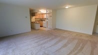 This single-floor space presents a practical and straightforward layout centered around a generously sized living area finished with clean, neutral-toned wall-to-wall carpeting that lends warmth underfoot. The open feel of the living space is enhanced by smooth, light-painted walls and flush-mount ceiling lighting that provides even illumination throughout.

The kitchen is partially separated from the living area by a distinctive white vertical slat divider, which adds a subtle architectural detail while maintaining a sense of openness between the two spaces. The kitchen features light wood cabinetry, a white gas range, a white refrigerator, and a white built-in microwave or oven unit. A peninsula counter with a darker countertop provides additional workspace and serves as a natural transitional element between the kitchen and the adjoining area. The kitchen floor transitions to a hard surface, contrasting with the carpeted living space.

Overall, the unit offers a clean, functional environment with a cohesive neutral color palette throughout, making it an adaptable space suited for a variety of furnishing styles and practical everyday living.