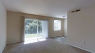 This single-story space features a spacious living area defined by neutral-toned walls and soft, wall-to-wall carpeting that creates a warm, comfortable atmosphere. The room is well-lit, benefiting from two sources of natural light: a large sliding glass door fitted with vertical blinds and a secondary window dressed with horizontal blinds. The sliding glass door opens to a lush, green outdoor area, allowing sunlight to stream across the floor and creating a seamless visual connection to the exterior. A flush-mount ceiling light provides additional illumination. The clean, minimalist design of the space offers a versatile layout suited to a variety of furniture arrangements. White baseboards frame the perimeter of the room, adding a crisp, finished detail to the overall aesthetic. The combination of ample natural light, greenery views, and open floor space contributes to a bright and airy ambiance throughout.