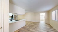 This contemporary 610 square foot apartment offers a thoughtfully designed living space on a single floor. The heart of the home is an open-concept living and kitchen area, seamlessly blending functionality with style. The kitchen showcases a modern aesthetic with crisp white cabinetry, stainless steel appliances, and a practical L-shaped layout. A window above the sink allows natural light to filter in, enhancing the bright atmosphere.

The living room is generously proportioned, with ample space for both dining and relaxation. Large windows flood the area with daylight, while neutral-toned walls create a sense of spaciousness. The standout feature is the beautiful wood-look flooring that runs throughout the apartment, adding warmth and continuity to the space.

The bedroom is notably spacious at 250 square feet, offering plenty of room for a king-sized bed and additional furniture. It features a large mirrored closet with sliding doors, maximizing storage while reflecting light. The room also benefits from a window, ensuring good natural illumination.

Throughout the apartment, recessed lighting and ceiling fans provide additional lighting and comfort. The overall design aesthetic is clean and modern, with a neutral color palette that allows for easy personalization. This efficient layout makes excellent use of the available square footage, creating a comfortable and contemporary living environment.