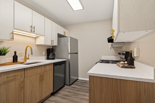 Modern galley kitchen with gold accents - Pembroke Lake Apartments