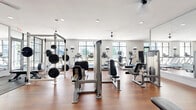 This modern fitness center in Plano, Texas offers a thoughtfully designed, single-floor layout that accommodates a comprehensive range of workout activities. The space is finished with warm hardwood-style flooring throughout the main training areas, transitioning to durable rubber matting in the dedicated strength and studio zones, providing both aesthetics and functionality.

The strength training area is well-appointed with power racks loaded with Olympic barbells and weight plates, a multi-station cable machine, selectorized weight machines, and adjustable benches — catering to a full spectrum of resistance training needs. A full-length mirror wall spans one section of the floor, enhancing the sense of space and allowing users to monitor their form during workouts.

The cardio zone features a selection of treadmills, elliptical trainers, upright bikes, and rowing machines, all positioned along large floor-to-ceiling windows that flood the area with natural light and offer views of the outdoors, including a glimpse of a pool area through double glass doors.

A dedicated studio space with rubberized flooring, ceiling fans, and a mirrored accent wall accommodates spin bikes, stability balls, kettlebells, medicine balls, and step platforms — ideal for group fitness or personal training sessions. Recessed lighting, ceiling fans throughout, and a clean white palette complete the bright, open, and energizing atmosphere of this facility.