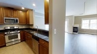 This two-story residence offers a thoughtfully designed layout across two floors, providing comfortable living and privacy with 2 bedrooms and 2.5 bathrooms. The kitchen is a standout feature, showcasing rich warm-toned cabinetry, dark granite countertops, a stainless steel sink with a modern faucet, and a stainless steel dishwasher. Tile flooring in the kitchen adds durability and style, while the space flows seamlessly into the adjoining living area. The living room features hardwood-style flooring, neutral wall tones, and a fireplace that serves as a natural focal point, creating a warm and inviting ambiance. Natural light filters through the windows, brightening the open-concept common areas and enhancing the overall sense of space. A half bathroom on the main level adds convenience for guests, while the upper floor houses the two full bathrooms alongside the bedrooms, ensuring functional separation between living and sleeping quarters. The clean, neutral color palette throughout the home provides a versatile backdrop suited to a variety of interior styles. Overall, this two-story home combines practical design with comfortable finishes, making it a well-rounded living space.