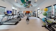 This single-story fitness center offers a spacious, open layout designed to accommodate a wide range of workout activities. The room is anchored by a striking ceiling installation featuring a geometric mosaic of colorful rectangular panels in teal, orange, green, and gray tones, adding a dynamic visual element to the space. Recessed lighting and a ceiling fan ensure the area remains well-lit and comfortable during workouts.

The cardio zone lines one side of the room and features a row of treadmills and elliptical machines from True Fitness, providing ample options for aerobic exercise. Toward the back of the space, an orange accent wall draws the eye and frames a dedicated strength training area equipped with cable machines and a rack of free weights. Exercise balls in blue and green are also available for functional fitness routines.

Natural light filters in through windows positioned along the upper walls and through glass doors that open to an outdoor area, keeping the environment bright and airy. The light-toned carpeted flooring adds a clean, polished finish. Overall, the space delivers a well-organized and motivating fitness environment suitable for a variety of exercise needs.