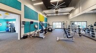 This fitness center in Northglenn, Colorado offers a thoughtfully designed, single-floor facility comprising two dedicated exercise rooms. The main workout area features soaring ceilings with a striking dark coffered design, accented by sleek linear pendant lighting and a large oversized ceiling fan that promotes airflow throughout the space. Bold teal and yellow acoustic panels line the walls, adding both visual energy and sound management to the environment. Full-length mirrors expand the sense of space and allow users to monitor their form during workouts. The main room is generously equipped with cardio machines including ellipticals and stationary bikes, a robust dumbbell rack with a wide range of free weights, adjustable weight benches, and open floor space for stretching or functional training. The second exercise room takes on a more intimate character, featuring a vaulted white shiplap ceiling, warm yellow pendant lighting, and teal accent walls that create an inviting atmosphere. This room is outfitted with indoor cycling bikes, a wall-mounted television, a medicine ball rack, and a teal bench for rest or accessory work. Natural light filters in through windows in both rooms, and glass-panel doors connect the two spaces, maintaining an open, cohesive feel throughout the facility. Durable carpet flooring throughout provides comfort and traction for a variety of exercise activities.