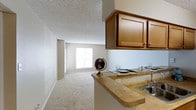 This single-floor residential unit offers a practical and comfortable layout designed for everyday living. The kitchen is outfitted with warm-toned wooden cabinetry providing ample storage, a countertop sink, and a peninsula-style counter with a light stone-finish surface that doubles as a casual dining or prep area. The open-concept design allows the kitchen to flow naturally into the main living area, creating a connected and spacious feel throughout the floor plan. The living area features plush wall-to-wall carpeting in a neutral tone that adds warmth underfoot, while large windows allow natural light to fill the room, brightening the neutral-painted walls. The textured ceiling is consistent throughout, adding a subtle architectural detail to the interior. The overall ambiance of the space is clean, understated, and move-in ready, with a neutral color palette of soft beige and white tones that lend themselves well to a variety of décor styles. The open sightlines from the kitchen into the living area make the space feel expansive and inviting, ideal for both relaxing and everyday functional use.