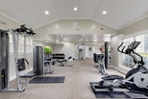 This dedicated fitness center offers a thoughtfully designed single-floor layout that accommodates a full range of workout options. The space is anchored by soaring vaulted ceilings that lend an open, airy feel, while recessed lighting throughout ensures a bright and energizing atmosphere at any time of day. Large windows line multiple walls, flooding the interior with natural light and providing pleasant views of the surrounding greenery and landscaped grounds. A glass-panel entry door further connects the interior to the outdoors, enhancing the sense of openness.

The flooring consists of durable, neutral-toned carpet tile, providing a comfortable and practical surface underfoot. The equipment selection is extensive and well-organized, featuring multiple treadmills, elliptical cross-trainers, rowing machines, and a stair climber for cardiovascular training. Strength-training options include a multi-station cable machine, adjustable benches, a dumbbell rack with a full set of free weights, and a stability ball for functional fitness. Wall-mounted flat-screen televisions are positioned for easy viewing during workouts. The neutral, light gray color palette throughout creates a clean, modern aesthetic, while crown molding and white trim add a refined architectural touch to the overall design.