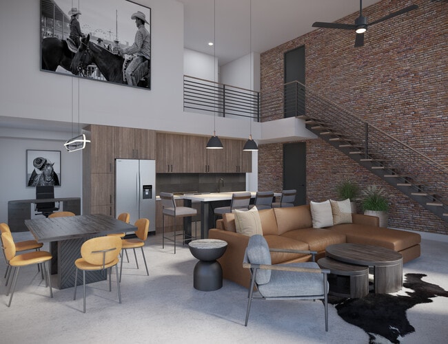 Planos de planta estilo loft con pared decorativa de ladrillo. - Saddlebridge