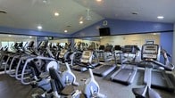This single-floor fitness center is thoughtfully designed to accommodate a full range of cardio and exercise needs. The space is outfitted with an impressive array of equipment, including treadmills, elliptical trainers, stationary bikes, and stair climbers, many of which are Matrix-brand machines featuring integrated digital displays. The equipment is arranged in orderly rows, maximizing the available floor space while allowing ease of movement throughout the room. Full-length mirrors line the walls, creating a sense of openness and allowing users to monitor their form during workouts. The vaulted ceiling adds vertical dimension to the space and is fitted with recessed lighting and a ceiling fan, ensuring the room remains well-lit and ventilated. A wall-mounted flat-screen television is positioned for visibility from multiple workout stations, adding an entertainment element to the exercise experience. The walls are painted in a cool blue tone, contributing to an energizing yet focused atmosphere. The overall layout and design of this fitness center reflect a deliberate focus on functionality and user comfort, making it a well-rounded facility suited for a variety of fitness routines.
