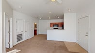 This 1-bedroom, 1-bathroom unit offers a thoughtfully organized single-floor layout that maximizes functionality and comfort. The open-concept living and dining area is anchored by soft, neutral carpeting and a ceiling fan overhead, creating a comfortable and airy atmosphere. Recessed lighting illuminates the space, while windows allow natural light to fill the rooms.

The kitchen is a standout feature, designed in a galley style with rich warm-toned cabinetry, granite-look countertops, and a full suite of black appliances including a refrigerator, range, microwave, and dishwasher. A peninsula counter seamlessly connects the kitchen to the living area, making it ideal for casual dining or entertaining. Tile flooring runs throughout the kitchen for easy maintenance.

The bedroom is a generously proportioned, light-filled retreat with plush carpeting, a ceiling fan, and a window fitted with vertical blinds that filter natural light. The room offers a clean, neutral palette and ample space for furnishings.

The bathroom is finished with warm wood-toned cabinetry, a countertop vanity with under-sink storage, an overhead wall cabinet for additional organization, and classic tile flooring. The layout is practical and efficient, providing everything needed for daily routines. Overall, this unit combines a clean aesthetic with comfortable, functional living spaces.