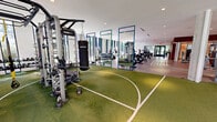 Located on Tresser Boulevard in Stamford, Connecticut, this large-scale fitness center spans a single floor offering a comprehensive and thoughtfully designed workout environment. The space is divided into distinct functional zones, each tailored to a specific training discipline.

A standout feature is the expansive artificial turf area, marked with lined court patterns and equipped with functional training stations, a multi-use cable rig, battle ropes, benches, and free weights — ideal for athletic and performance-based training. Flanking this zone is a broad hard-floor area with track-style striping, housing an extensive array of cardio machines including Peloton bikes, treadmills, and cycling equipment, all positioned along floor-to-ceiling glass walls that flood the space with natural light and offer open views of the surrounding greenery.

A dedicated strength training section features a comprehensive selection of selectorized machines, free weights, and cable stations. A separate stretching and functional movement area includes mirror walls, warm wood accent paneling, and ample open floor space for mat-based training.

Throughout the facility, tall concrete columns add an architectural character, while recessed lighting and white ceilings contribute to a bright, clean aesthetic. The abundance of natural light, generous proportions, and well-organized zones create a professional-grade fitness environment suited for a wide range of training needs.