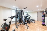 Located at 41 Speers Rd in Oakville, Ontario, this fitness room is a purpose-built exercise space designed to offer a well-rounded workout experience within a compact footprint. The room features warm hardwood flooring throughout, recessed ceiling lighting, and neutral white walls that create a clean, functional environment.

The space is efficiently outfitted with a variety of cardio and strength training equipment. A multi-station cable machine — branded Inspire — serves as the centerpiece for strength training, accompanied by an adjustable workout bench. Cardio equipment includes a Spirit treadmill, an elliptical cross-trainer, and a Peloton-style stationary spin bike, providing diverse options for aerobic exercise. A small selection of free weights and additional accessories rounds out the available equipment.

Natural light filters in through a window along one wall, offering a view toward what appears to be an adjacent pool area, adding a sense of openness to the space. A standard entry door provides access, and motivational fitness artwork is displayed on the wall, contributing to the gym atmosphere. A small shelf with personal care supplies is also present for user convenience. Recessed pot lights illuminate the room evenly, ensuring a well-lit workout environment at any time of day.