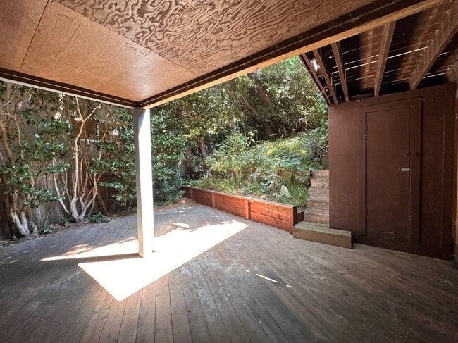 Sunny back deck with trees - 43 Marie St
