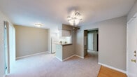 Located at 1303-1333 Gears Road in Houston, TX 77067, this single-floor residence offers a functional and straightforward layout designed for comfortable everyday living. The open-concept living area is finished with plush carpeting and neutral taupe-toned walls, anchored by a decorative multi-bulb ceiling light fixture that adds a subtle design element to the space. A peninsula-style kitchen divides the living area, providing a casual counter for dining or meal prep. The galley kitchen is efficiently arranged with white cabinetry, a coil-burner range, a full-size refrigerator, a dishwasher, and a ventilation hood, all set against clean white walls and tile flooring. The bedroom features soft carpeting, neutral grey walls, and a mirrored sliding-door closet that enhances the sense of space. A secondary room also offers carpeted flooring and ample wall space, adaptable for various uses. The bathroom is cleanly appointed with tile flooring, a single-sink vanity, a toilet, and a shower-tub combination, all finished in bright white. Throughout the unit, a consistent palette of neutral tones and practical finishes creates a clean, move-in ready environment suitable for a range of lifestyles.