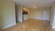 This single-floor space is designed with an open-concept layout that promotes a sense of spaciousness and easy flow between living and kitchen areas. The flooring throughout is light-toned hardwood, lending warmth and a clean, cohesive aesthetic to the interior.

The living area is generously sized, featuring neutral beige walls, crisp white baseboards, and a simple, uncluttered design that allows for flexible furniture arrangements. Recessed track lighting along the ceiling provides adjustable illumination across the main living space.

The kitchen is partially open to the living area, separated by a half-wall that forms a breakfast bar with a dark countertop, offering a casual dining or workspace option. The kitchen features warm wood-toned cabinetry and is equipped with standard appliances. Pendant lighting fixtures hang above the bar area, providing focused task lighting while adding a decorative touch. An additional flush-mount ceiling light in the kitchen ensures the space is well-lit.

Overall, the space presents a functional and comfortable environment with a neutral palette, durable finishes, and thoughtful lighting that contributes to a practical yet inviting atmosphere.