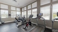 This fitness center offers a comprehensive workout environment designed to support a wide range of exercise routines. The space is bathed in abundant natural light, thanks to large windows fitted with horizontal blinds that line multiple walls, providing views of the surrounding outdoor greenery while maintaining a comfortable atmosphere.

The cardio zone is generously stocked with True-brand treadmills, elliptical trainers, upright and recumbent stationary bikes, and a Peloton spin bike, all arranged to take full advantage of the window views. Rubber flooring throughout the space provides cushioning and stability underfoot.

A dedicated strength training area houses a selection of Hoist selectorized machines targeting multiple muscle groups, along with a multi-functional cable machine for versatile resistance exercises. A full rack of dumbbells, stability balls, a BOSU balance trainer, and adjustable benches round out the free-weight and functional training offerings.

The space is finished with neutral gray walls, white crown molding, and recessed lighting, creating a clean and motivating aesthetic. A wall-mounted television and a clock add practical touches to the environment. The single-floor layout ensures easy accessibility, and entry doors with glass panels connect the fitness center to the broader facility, allowing natural light to flow through seamlessly.