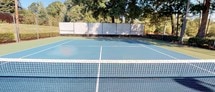 This single-floor residence combines comfortable interior living spaces with impressive outdoor recreational amenities. The outdoor area features a well-maintained hard-surface court suitable for both tennis and pickleball, finished in a two-tone blue and green color scheme with crisp white court markings and a regulation net. The court is enclosed by a chain-link fence with windscreen panels and is framed by mature trees and open green space, creating a pleasant natural setting.

Inside, the living room serves as the central gathering space, featuring light hardwood-style flooring, crown molding, and a ceiling fan. French doors and multiple windows allow abundant natural light to fill the room. The space flows seamlessly into a dedicated dining area, which features track lighting and clean, neutral walls accented with contemporary artwork.

The kitchen is thoughtfully designed with white cabinetry, stainless steel appliances, pendant lighting, and a curved breakfast bar with seating for two. Light countertops and recessed lighting contribute to a bright, functional workspace. A hallway leads from the kitchen to the front entry and connects to the bedroom, completing a well-organized and cohesive floor plan throughout the residence.