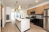 Located at 207 Myrtle Ave in Iowa City, Iowa, this modern 2-bedroom, 1-bathroom unit offers a thoughtfully designed single-floor layout with contemporary finishes throughout. Light wood-style flooring runs seamlessly across every room, creating a cohesive and clean aesthetic.

The kitchen is a standout feature, showcasing light wood cabinetry paired with dark lower cabinets, a subway tile backsplash, and a full suite of stainless steel appliances including a refrigerator, range, and built-in microwave. A central island with a quartz countertop and an industrial-style matte black faucet provides additional prep space, with gold pendant lights above adding a stylish accent. The kitchen flows openly into the living area, which benefits from large sliding glass doors leading to a balcony with views of the surrounding urban streetscape.

Both bedrooms are bright and well-proportioned, with large windows inviting generous natural light. The primary bedroom includes a built-in closet with rod and shelving, and a direct sightline to the kitchen. The bathroom features a marble-surround soaking tub and shower combination, dark vanity with a white stone countertop, and matte black hardware accents, maintaining the unit's modern design language throughout.