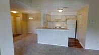 This single-floor space showcases an open-concept layout that seamlessly connects the kitchen and living area. The kitchen is defined by a white peninsula that provides both a functional workspace and a visual divider between the two areas. White upper cabinetry lines the kitchen walls, offering ample storage, while a white electric range, overhead range hood, and full-size refrigerator comprise the main appliances. A single-basin sink is integrated into the peninsula countertop, adding convenience to the layout.

The flooring transitions noticeably between areas — warm hardwood flooring is present in the kitchen zone, while plush carpeting extends throughout the living space, adding comfort underfoot. A pendant chandelier with multiple bulbs hangs in the living area, providing decorative overhead lighting that complements the flush-mount ceiling light in the kitchen.

The walls throughout are finished in neutral tones, contributing to a clean, understated aesthetic. The open sightlines between the kitchen and living space enhance the sense of roominess across the floor plan, making the layout practical for everyday living and entertaining.
