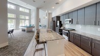 Located at 325 Eltham Rd. in Charlotte, NC, this single-story clubhouse facility offers a well-appointed, open-concept design with distinct functional zones throughout. The space is characterized by soaring ceilings, light hardwood-style flooring, and patterned carpeting that helps delineate activity areas.

The kitchen is a central highlight, featuring dark espresso cabinetry, granite countertops with a subway tile backsplash, and stainless steel appliances including a range, microwave, and refrigerator. A large island with seating provides additional workspace and a casual gathering spot, complemented by modern pendant lighting overhead.

Adjacent to the kitchen, the game and recreation area includes a billiards table and seating, while the expansive lounge area offers multiple seating arrangements with colorful accent chairs, sofas, and artwork, creating an inviting social environment. Large windows and glass doors allow natural light to filter in and provide views of the outdoor pool area.

The entry foyer features light hardwood flooring, a ceiling fan, and access to a business center equipped with computer workstations. A mailroom and additional utility spaces are also accessible from the main corridor, rounding out the practical amenities of this well-designed community facility.