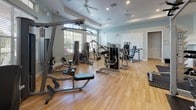 This fitness center offers a thorough and well-organized workout environment designed to support a full range of exercise needs. The space is finished with smooth hardwood-style flooring throughout, providing a clean and functional surface across the entire training area. Soft, muted blue-green walls paired with recessed lighting and ceiling fans create a comfortable, well-ventilated atmosphere, while large windows along multiple walls allow ample natural light to fill the room and offer views of surrounding greenery.

The main floor is generously outfitted with a diverse array of strength training machines, including cable systems, chest press, leg extension, seated row, and lat pulldown equipment, among others. A dedicated free weights area features a full rack of dumbbells arranged along a mirrored wall, allowing users to monitor their form during lifts. Rubber mat flooring in this zone provides added safety and stability.

A built-in refreshment station adds a practical amenity to the space, complete with dark granite countertops, a utility sink, open shelving, and under-counter refrigeration — ideal for hydration and post-workout recovery. A wall-mounted television is positioned nearby for entertainment. The fitness center also includes clearly marked exit doors and additional storage, making it a fully functional and user-friendly facility.