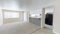 This single-floor unit offers a clean, functional layout centered around an open-concept living and kitchen area. The living space is finished with plush, neutral-toned carpeting that adds warmth and comfort underfoot, while large windows fitted with horizontal blinds allow generous natural light to fill the room, creating a bright and airy atmosphere. Sliding panel curtains beside the windows provide a sleek, modern touch.

The kitchen is seamlessly integrated into the living area via a half-wall peninsula counter, promoting an open and connected feel. Upper cabinetry is finished in crisp white, offering ample storage, while the lower cabinets feature a contrasting gray tone, giving the kitchen a contemporary two-tone aesthetic. A stainless-style sink is positioned beneath a window, and the kitchen includes a dishwasher and a black refrigerator. The kitchen flooring transitions to light-toned wood-look planks, cleanly delineating the space from the carpeted living area.

Throughout the unit, walls are painted in soft, neutral tones complemented by white trim and baseboards. The textured ceiling adds a classic residential character. Overall, the space presents a well-maintained, move-in-ready environment with a cohesive, neutral palette ideal for a variety of furnishing styles.