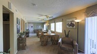 This single-floor residence offers a welcoming and cohesive living environment characterized by a warm, earthy color palette and casual yet thoughtfully arranged interiors. The main living and dining area is generously proportioned, featuring light beige carpeting that runs throughout and sage-green walls that lend a calm, grounded atmosphere to the space. A ceiling fan with a brass finish anchors the room overhead, complementing the textured popcorn ceiling and ensuring comfortable airflow throughout.

The dining area is centered around a round wooden table surrounded by uniquely crafted chairs with natural, rustic bases, adding an organic, artisanal touch to the space. A simple white vase serves as a understated centerpiece. Nearby, a comfortable brown leather armchair and a tall decorative cactus contribute to the Southwestern-inspired aesthetic that runs through the room.

Multiple windows along one wall allow generous natural light to filter in, brightening the interior and creating an open, airy feel. Wall art and decorative framed pieces punctuate the space, adding visual interest without overwhelming the room's relaxed character. A large mirror on one wall further enhances the sense of space. The layout flows naturally, making this a functional and inviting single-level home.