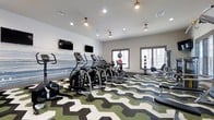 The fitness center at Arbor Crossing is a well-appointed, single-floor workout facility designed to support a range of exercise routines. The space is immediately eye-catching thanks to its bold geometric-patterned flooring in green, black, and white, which adds a dynamic visual energy to the room. The layout is open and spacious, allowing for comfortable movement between equipment zones.

Along the main wall, a large-scale mural in muted blue and gray tones provides a striking backdrop, complemented by two wall-mounted flat-screen televisions for entertainment during workouts. A row of cardio machines—including ellipticals and treadmills—lines this feature wall, offering ample options for aerobic exercise.

Natural light filters in through multiple windows along the far wall, brightening the space and creating an inviting atmosphere. Pendant and recessed lighting provide consistent illumination throughout. A dedicated strength and functional training area is visible near the windows, equipped with a weight rack, medicine balls, and resistance-based equipment. The overall design balances aesthetic appeal with practical functionality, making it a well-rounded fitness amenity.