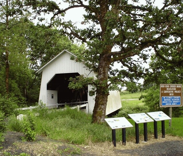The historic Irish Bend Covered Bridge was relocated to the OSU campus in 1989