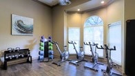 This fitness center offers a thoughtfully designed workout environment that balances functionality with an inviting atmosphere. The space features warm, neutral-toned walls accented by elegant crown molding, giving it a refined aesthetic uncommon in typical gym settings. Rich hardwood-style flooring runs throughout, adding warmth and durability underfoot.

Natural light floods the room through a striking arched window flanked by two standard windows, all fitted with white blinds for adjustable brightness. The arched window serves as a prominent architectural focal point, drawing the eye upward and reinforcing the room's sense of height and openness. Recessed ceiling lighting and track lighting provide consistent illumination throughout the day.

The equipment layout is practical and well-organized. A row of stationary spinning bikes is positioned to take advantage of the natural light from the windows, creating an energizing environment for cycling workouts. Alongside the bikes, a fully stocked weight rack displays a colorful array of barbells and weight plates, catering to strength training needs. Wall art adds a touch of personality to the space without distracting from its primary purpose. Overall, this fitness center combines purposeful design with quality amenities to deliver an effective and comfortable exercise experience.