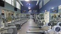 This fitness center is designed to provide a comprehensive and motivating workout environment. The space features soaring ceilings that lend an open, airy atmosphere, enhanced by large windows positioned near the top of the walls that allow natural light to filter in throughout the day. The bold navy blue walls add a dynamic and energizing aesthetic, complemented by motivational fitness photography displayed prominently along the upper walls.

The main floor is thoughtfully organized into dedicated cardio zones, with a long row of treadmills lining one side of the room and a variety of additional cardio equipment — including ellipticals, stationary bikes, and rowing machines — arranged along the opposite side. Wall-to-wall mirrors on one end of the room expand the sense of space and allow users to monitor their form during workouts. A ceiling fan and overhead lighting ensure comfort and visibility throughout the facility.

The durable, multi-toned rubber flooring is both practical and easy to maintain, providing a safe surface for all types of exercise. A wall-mounted television is also present, offering entertainment during workouts. The single-floor layout ensures easy accessibility, making this fitness center a functional and well-appointed space for a wide range of fitness routines.