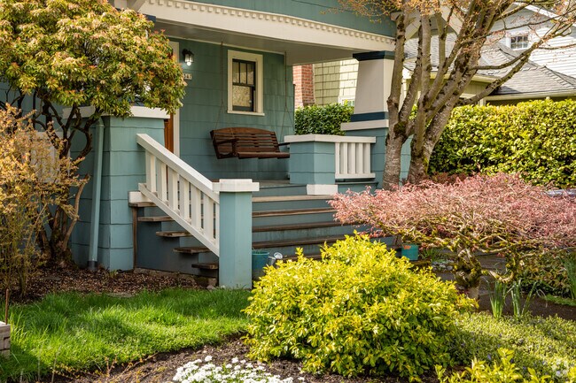 Relax on the porch swing and admire Irvington’s springtime blooms.