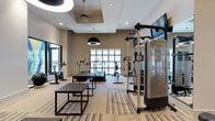This single-floor fitness center offers a thoughtfully designed workout environment that balances functionality with contemporary style. The space features a coffered ceiling detail with recessed lighting complemented by bold black pendant fixtures, creating a well-lit atmosphere conducive to exercise. Large windows along one wall flood the interior with natural light while offering views of the surrounding exterior.

The flooring consists of patterned, multi-toned carpet that adds visual interest and defines the workout area. The equipment layout is spacious and organized, featuring a selection of cardio machines including stationary bikes, treadmills, and ellipticals, as well as a multi-function cable and strength-training machine. Flat-screen televisions are mounted at convenient viewing angles to enhance the workout experience.

Low-profile workout benches and step platforms are positioned centrally, providing versatile options for strength and conditioning exercises. A large mirror on one wall expands the sense of space and allows users to monitor their form. The overall ambiance is clean, modern, and inviting, making it a practical and attractive facility for daily fitness routines.