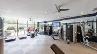 The fitness center at 1077 Warburg Avenue in Yonkers, NY is a well-appointed, single-floor facility designed with both functionality and aesthetics in mind. The space features a contemporary design highlighted by bold navy accent walls, a light-toned checkered tile floor, and recessed lighting complemented by sleek ceiling fans that maintain airflow throughout the room.

Floor-to-ceiling glass windows along one wall flood the interior with natural light and offer open views of the surrounding greenery, creating an energizing atmosphere for workouts. The transparent glass-panel partitions near the entrance provide a clean, modern boundary while maintaining visual connectivity to the adjacent common areas.

The facility is comprehensively equipped to support a variety of training styles. Cardio equipment includes multiple Technogym treadmills and elliptical machines positioned along the windowed wall. The strength training area features a selection of cable and selectorized machines, adjustable benches, and a well-stocked dumbbell rack ranging across multiple weight increments. Kettlebells and medicine balls are organized on dedicated racks, and a wall-mounted flat-screen TV adds an entertainment element to the space. Full-length mirrors amplify the sense of openness while allowing users to monitor their form throughout their sessions.