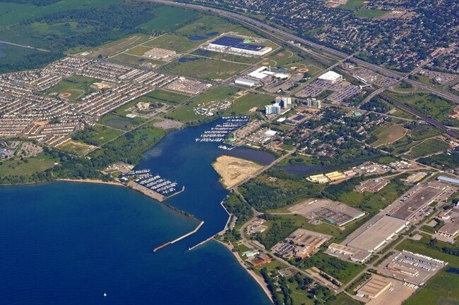 Aerial view of Oshawa’s shoreline and marina