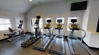 This fitness center is housed in a single-floor space featuring a clean, functional design with white walls and vaulted ceilings that contribute to an open, airy atmosphere. The room is well-lit by natural light streaming through multiple windows along the exterior wall, each framed with decorative iron grating that adds a subtle architectural detail. A glass-panel door provides additional light and outdoor access.

The cardio equipment lineup includes three treadmills and at least two elliptical machines, each unit equipped with individual digital display screens for personalized workout tracking. A wall-mounted flat-screen television is positioned at an elevated angle for viewing during exercise sessions. The flooring is a durable, textured dark surface suited for high-traffic fitness use, while recessed lighting supplements natural light for consistent illumination throughout the room. The neutral color palette and uncluttered layout ensure the focus remains on functionality, making this space a practical and well-appointed facility for cardiovascular training.