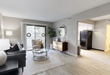 This 610-square-foot, one-bedroom, one-bathroom apartment at 500 Piccadilly Row in Antioch, TN offers a smartly laid-out single-floor plan encompassing a living room, dining room, kitchen, bedroom, bathroom, closet, and hallway. The living room features light wood-style flooring, a textured ceiling, and a sliding glass door that invites natural light and provides outdoor access. The adjacent dining area is defined by wood-style flooring and a ceiling fan overhead. The galley-style kitchen is equipped with white cabinetry, light stone-finish countertops, black appliances including an electric range and dishwasher, and a window overlooking the outdoors. The 170-square-foot bedroom offers plush carpeting, a natural light-admitting window, a textured ceiling, and direct access to a spacious walk-in closet outfitted with dual hanging rods and carpet flooring. The bathroom features wood-style flooring, a white vanity with a light stone countertop, a lighted mirror, and clean neutral wall tones. A connecting hallway ties the spaces together seamlessly, creating a cohesive and functional layout suited for comfortable single-occupant or couple living.