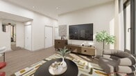 This 950 square foot apartment showcases modern urban living at its finest. The open-concept design maximizes space and light, with floor-to-ceiling windows offering breathtaking city views. The living area is anchored by a comfortable L-shaped sofa in contrasting colors, complemented by contemporary artwork and a stylish arc lamp.

The kitchen boasts sleek, taupe-colored cabinetry, stainless steel appliances, and a white backsplash, creating a clean and functional cooking space. A small dining area seamlessly connects to the kitchen, perfect for casual meals or entertaining.

Two bedrooms feature large windows with cream curtains, allowing natural light to flood the spaces. The master bedroom includes a vibrant red comforter, adding a pop of color to the neutral palette. Both bedrooms are equipped with ample storage and work areas.

The bathroom continues the modern aesthetic with a floating vanity, large mirror, and a combination shower/tub. Light-colored tiles and walls contribute to a bright, airy feel.

Throughout the apartment, recessed lighting, wood-look flooring, and a cohesive color scheme create a harmonious and inviting atmosphere. The thoughtful layout and high-end finishes make this compact urban dwelling feel spacious and luxurious.
