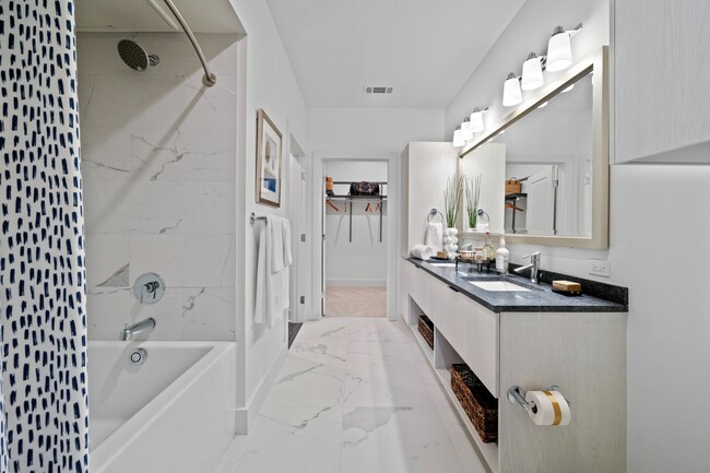 Spa-inspired bathroom with double-vanity and ample storage space - Hanover Toscana