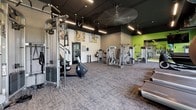Located at 2000 Riverside Dr in Richmond, VA, this single-floor fitness center is designed to support a well-rounded workout experience. The space features a bold, modern aesthetic with vibrant lime-green accent walls, dark ceilings with exposed ductwork, and sleek linear lighting throughout, creating an energizing atmosphere for exercise.

The cardio zone is well-equipped with multiple treadmills, stair climbers, and elliptical machines, all positioned near large windows that flood the space with natural light and offer outdoor views. A dedicated free weights area includes a full dumbbell rack alongside stability and medicine balls, catering to functional and strength training needs.

The strength training section houses a comprehensive selection of Life Fitness selectorized machines, including cable systems and various resistance units, providing options for both upper and lower body workouts. A ceiling fan overhead adds comfort during intense sessions. Full-length mirrors along one wall visually expand the space and allow users to monitor their form.

Motivational fitness posters — encouraging visitors to "Be Relaxed," "Be Active," and "Be Adventurous" — are displayed throughout, reinforcing the facility's wellness-focused identity. Durable carpet tile flooring covers the entire space, offering comfort underfoot while maintaining a clean, professional look.