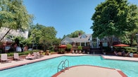This outdoor amenity space centers around a generously sized swimming pool with a freeform design and brick coping, providing an inviting and well-maintained aquatic retreat. The pool is equipped with stainless steel entry rails and is surrounded by a broad concrete deck that offers ample room for lounging. Poolside seating includes multiple reclining chairs and shaded areas beneath a large red market umbrella, creating comfortable spaces for relaxation. Mature hardwood and ornamental trees frame the area, offering natural shade and a lush, landscaped atmosphere. A charming single-story clubhouse serves as the architectural focal point of the space. The structure features classic brick construction, a gray shingled roof, arched dormer windows, white trim detailing, and a covered entrance with steps leading down to the pool deck. Large windows and glass-paneled doors allow natural light to fill the interior while maintaining a visual connection to the outdoor space. Manicured shrubs, potted plants, and flowering trees contribute to the well-tended landscaping throughout. The entire setting benefits from abundant natural sunlight under open skies, creating a bright and welcoming outdoor environment.
