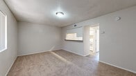 This single-floor, 1-bedroom, 1-bathroom unit offers an efficient and functional layout designed to maximize every square foot. The open living room serves as the central gathering space, finished with wall-to-wall carpet, neutral painted walls, and a textured ceiling. A built-in pass-through counter connects the living area to the kitchen, creating a sense of openness between the two spaces. The kitchen is galley-style, featuring white cabinetry with brushed nickel hardware, dark granite-style countertops, a stainless steel sink, and wood-look vinyl flooring. White appliances, including a full-size refrigerator and microwave, are neatly integrated into the layout. A closet off the kitchen area provides additional storage. The bedroom is a comfortable size, with plush carpet, a window that allows natural light and outdoor views, and direct access to the bathroom. The full bathroom is clean and bright, showcasing a white vanity with dark countertop, a large mirror, wood-look tile flooring, and a tiled tub-shower combination. A hallway connects the main rooms, completing this practical and move-in-ready floor plan.