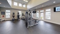 Located at 30 Town Square Blvd in Asheville, NC, this well-appointed fitness center offers a spacious, single-floor layout designed to accommodate a full range of workout routines. The facility boasts soaring double-height ceilings in the main exercise area, creating an open and airy atmosphere enhanced by rows of large, multi-pane windows that flood the space with natural light. A ceiling fan overhead aids in maintaining a comfortable environment during workouts.

The strength training zone is thoroughly equipped with multiple cable and weight machines, a functional training rig, TRX suspension trainers, and a punching bag, catering to a wide variety of resistance and cross-training exercises. A dedicated section with teal accent walls adds a distinct visual identity to part of the space, housing additional selectorized strength machines and flat-screen televisions for entertainment.

The cardio area features a row of treadmills and elliptical machines, each equipped with individual screens, all positioned alongside windows that provide pleasant outdoor views. Recessed lighting and wall-mounted televisions are distributed throughout the space, ensuring visibility and engagement in every zone. The durable speckled rubber flooring throughout provides both safety and practicality. The overall ambiance is clean, modern, and well-maintained, making it a functional and inviting space for fitness enthusiasts.