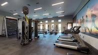 This modern fitness center is designed to accommodate a full range of workout routines within a single, open-plan floor. The space is defined by durable rubber tile flooring, neutral gray walls, and rows of suspended linear LED lighting that provide consistent, bright illumination throughout. High clerestory windows along one wall allow natural light to filter into the cardio zone, enhancing the open ambiance of the room.

A striking large-scale mural of silhouetted runners at sunset serves as a focal point along one wall, adding an energetic and motivational atmosphere to the space. Directly in front of the mural sits a bank of treadmills equipped with individual display screens. Adjacent to these are multiple elliptical trainers and upright stationary bikes, forming a well-organized cardio section.

The strength training area is generously appointed with Precor and multi-station cable machines, squat racks, free weight benches, a full dumbbell rack, and medicine balls. A dedicated functional training zone features battle ropes, a climbing wall, and a TRX suspension system. Full-length mirrors line portions of the walls, visually expanding the space and supporting form-focused training. The layout ensures ample open floor space between equipment zones, allowing for comfortable movement and versatile workouts throughout the facility.