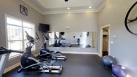 This fitness room is thoughtfully designed to support a well-rounded workout routine. The space is finished with neutral gray walls, white crown molding, and a tray ceiling accented by recessed lighting and a ceiling fan, creating a polished and comfortable environment for exercise. Rubber flooring covers the entire workout area, providing durability and cushioning underfoot.

The room is equipped with multiple cardio machines, including ellipticals, a treadmill, and a rowing machine, arranged to allow ease of movement between equipment. A large wall mirror spans a significant portion of one wall, visually expanding the room while allowing users to monitor their form during workouts. A wall-mounted flat-screen television is positioned for convenient viewing during exercise sessions.

Natural light enters through windows on one side of the room, contributing to an open and energizing atmosphere. A stability ball adds a versatile option for core and balance training. An adjacent room is visible through an open doorway, suggesting additional space nearby. Overall, the fitness room strikes a balance between functionality and comfort, making it a practical and inviting space for daily exercise.